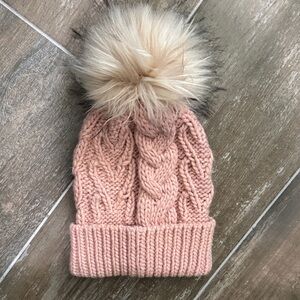 Chic Blush Cable Knit Beanie with Pom-Pom